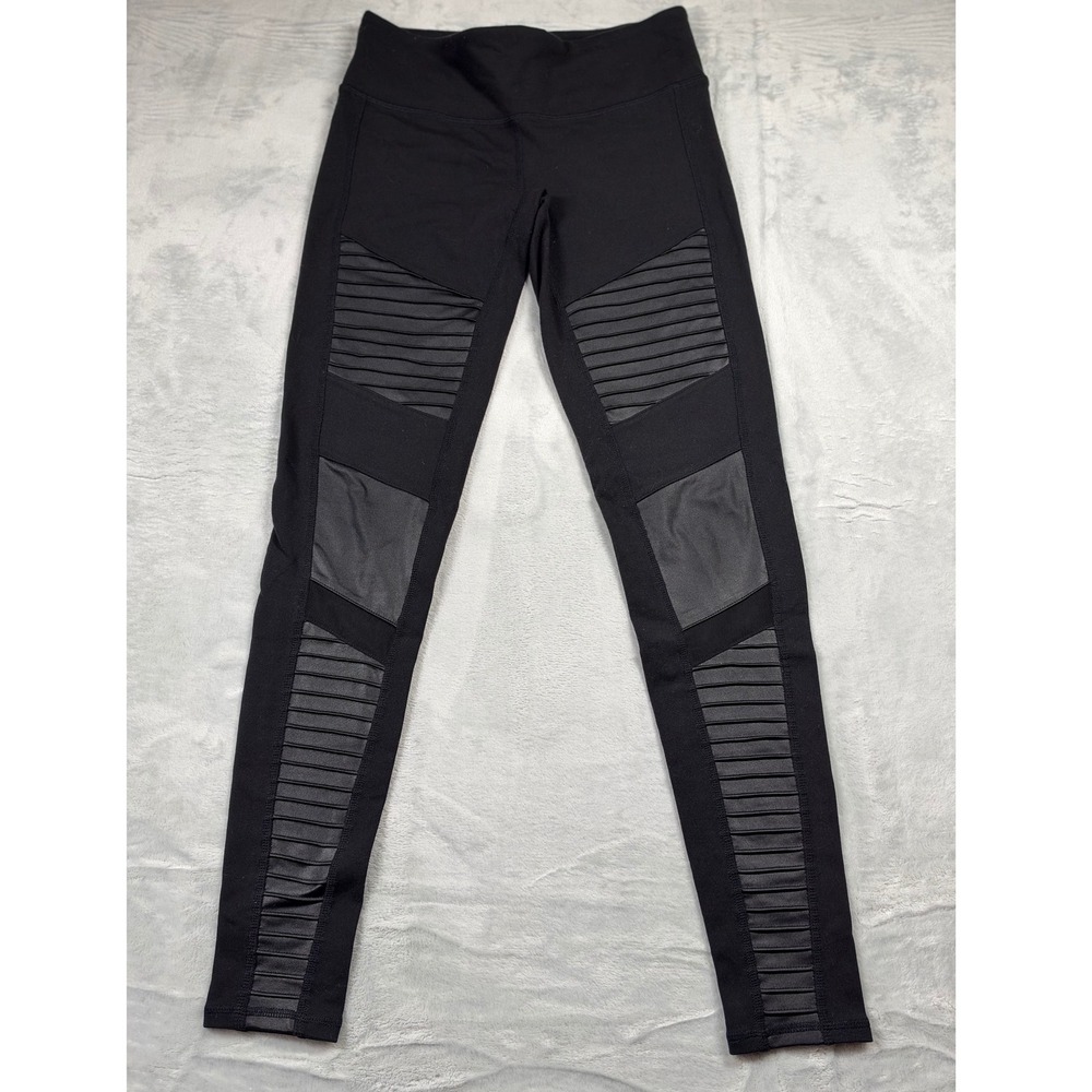 Alo Yoga High Waist Moto Leggings Women S Black Mesh Pintuck Biker Athleisure